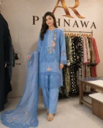 Blue embroidered cotton 3 piece stitched suit for women