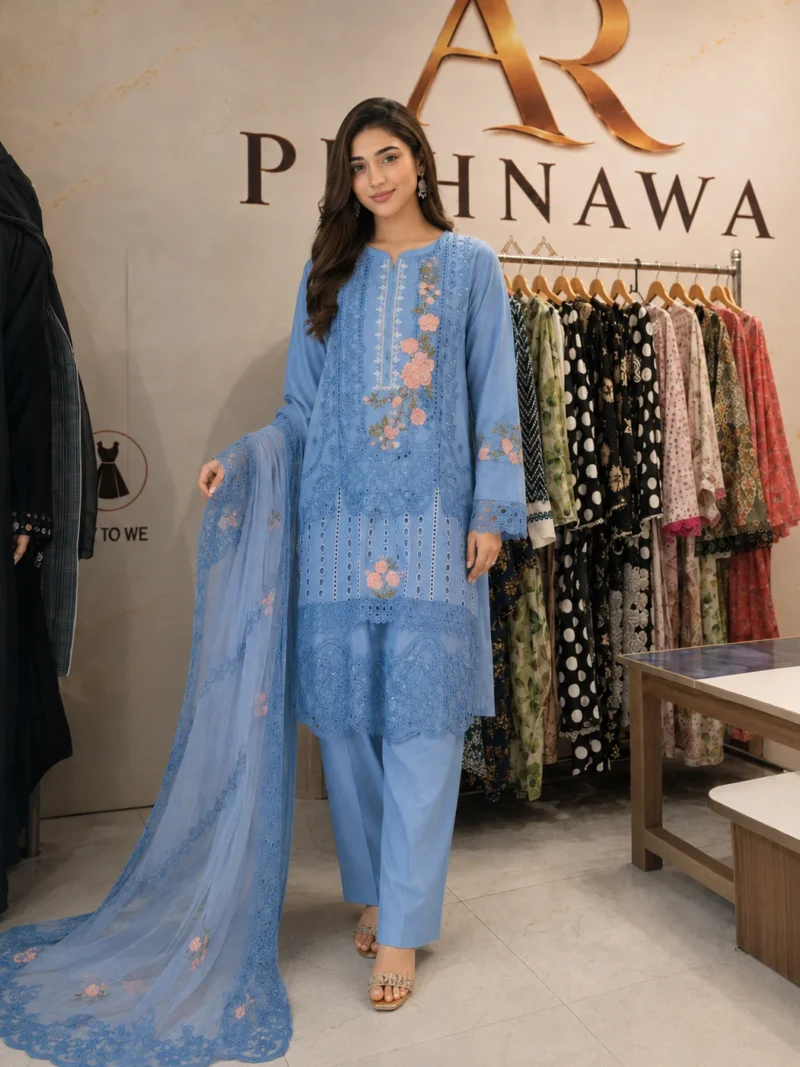 Blue embroidered cotton 3 piece stitched suit for women