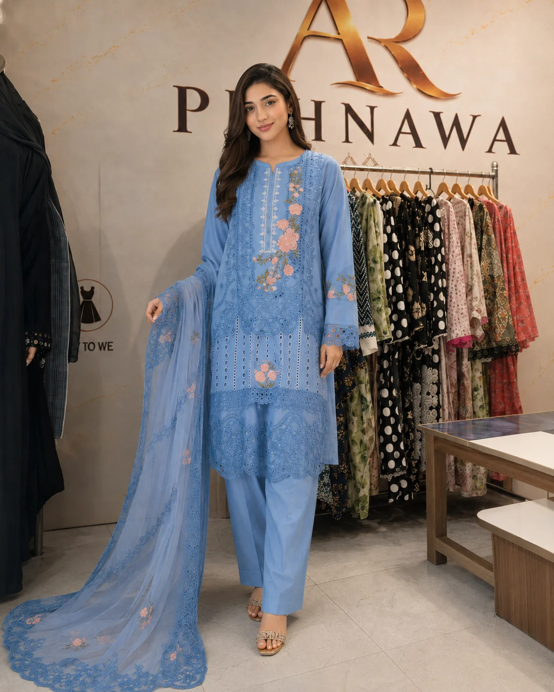 Blue embroidered cotton 3 piece stitched suit for women