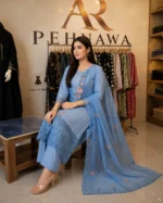 Blue embroidered cotton 3 piece stitched suit for women