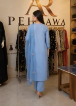 Blue embroidered cotton 3 piece stitched suit for women