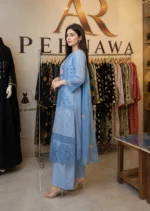 Blue embroidered cotton 3 piece stitched suit for women