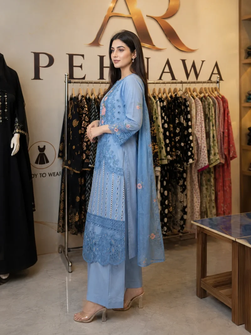 Blue embroidered cotton 3 piece stitched suit for women