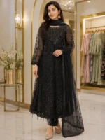 Black embroidered net maxi dress with matching dupatta for Pakistani party wear