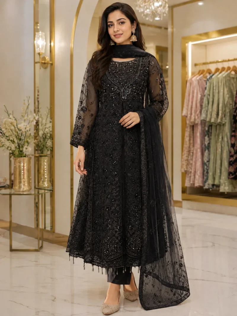 Black embroidered net maxi dress with matching dupatta for Pakistani party wear