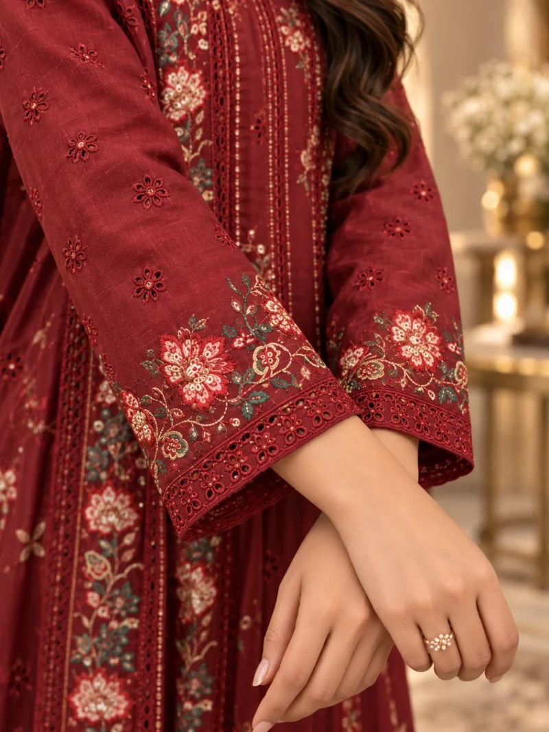 Embroidered cotton suit maroon sleeve close-up showing floral embroidery and detailed cuff