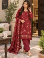 Embroidered suit with dupatta in maroon styled in a casual Pakistani women fashion look