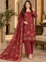 Ladies 3 piece suit in maroon showing embroidered shirt, trousers and dupatta