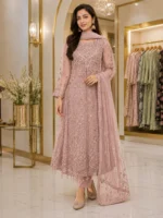 Mauve embroidered net maxi dress with matching dupatta for formal party wear