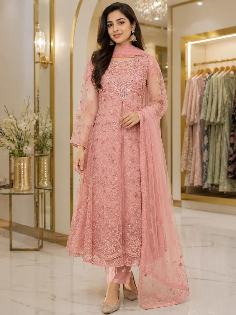 wear-pakistan.webp Pink embroidered net maxi dress party wear in Pakistan with matching dupatta