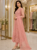 Pink embroidered net maxi dress for women with long sleeves and matching dupatta