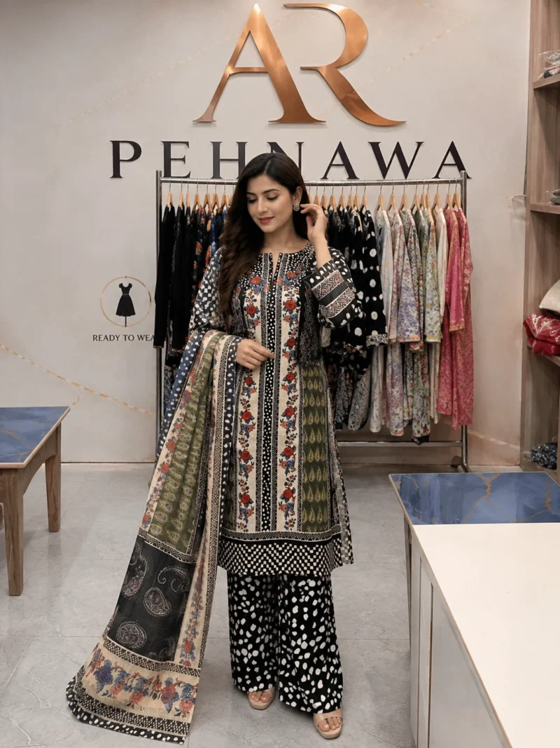 printed 3 piece stitched suit for women ready to wear Pakistani dress
