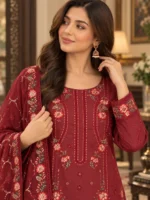Three piece suit for women maroon embroidered neckline close-up with floral detailing