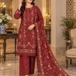 Embroidered three piece suit for women in cotton