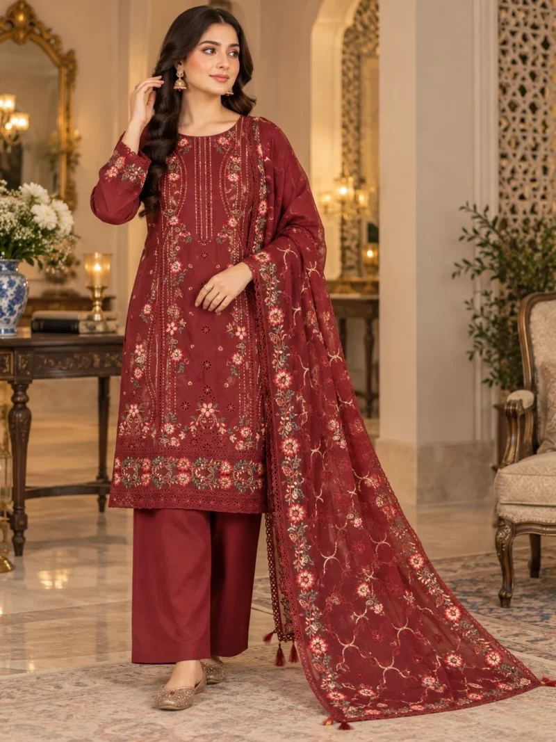 Embroidered three piece suit for women in cotton