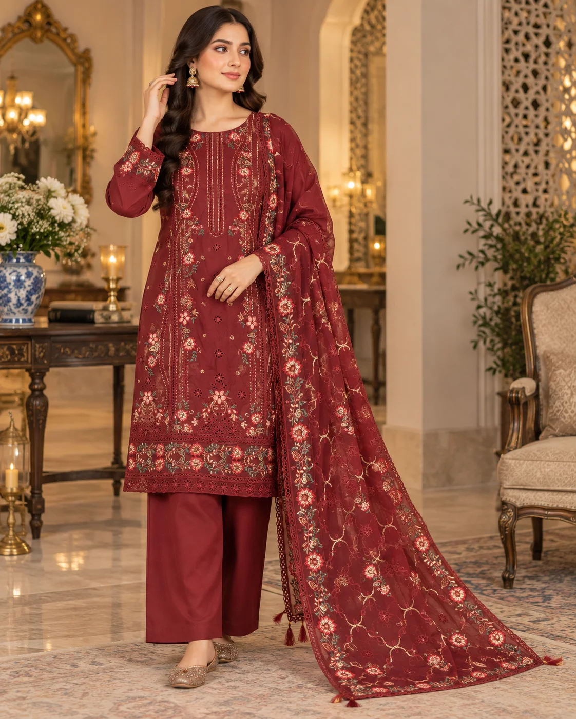 three-piece-suit-for-women-maroon-embroidered Embroidered three piece suit for women in cotton