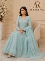 Elegant maxi gown design for Pakistani party wear