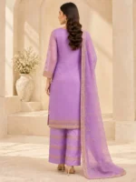 Purple embroidered organza dress back view with matching dupatta and trousers