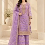 Purple embroidered organza dress 3 piece stitched suit front view