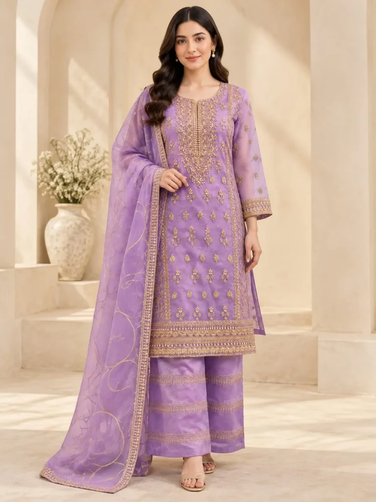 Purple embroidered organza dress 3 piece stitched suit front view