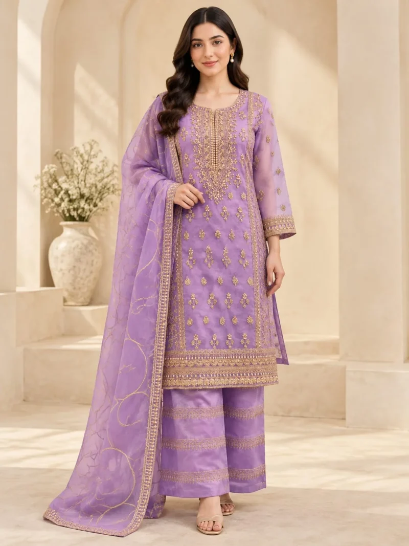 Purple embroidered organza dress 3 piece stitched suit front view