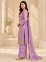 Purple embroidered organza suit side view with matching organza dupatta