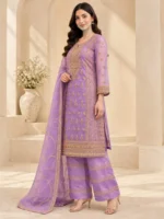 Purple organza 3 piece stitched suit with embroidered shirt and dupatta
