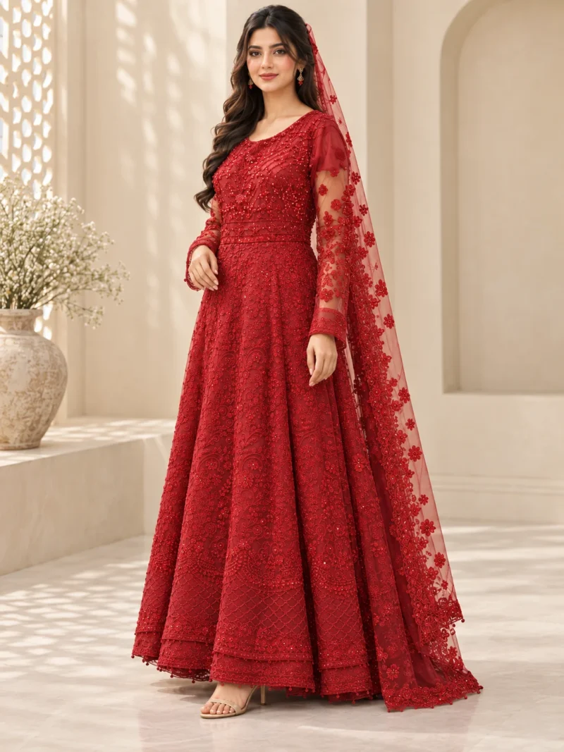 Red embroidered maxi dress angle view with full flared skirt and dupatta