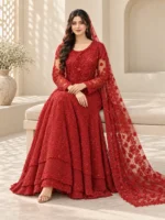 Red embroidered maxi dress seated view with detailed skirt and embroidered dupatta