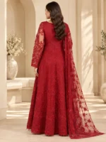 Red maxi dress back view showing full-length embroidered flare and dupatta