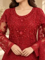 Red maxi dress embroidery detail with embellished neckline and sheer sleeves