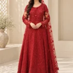 Red maxi dress front view with heavy embroidery and matching dupatta
