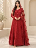 Red maxi dress front view with heavy embroidery and matching dupatta