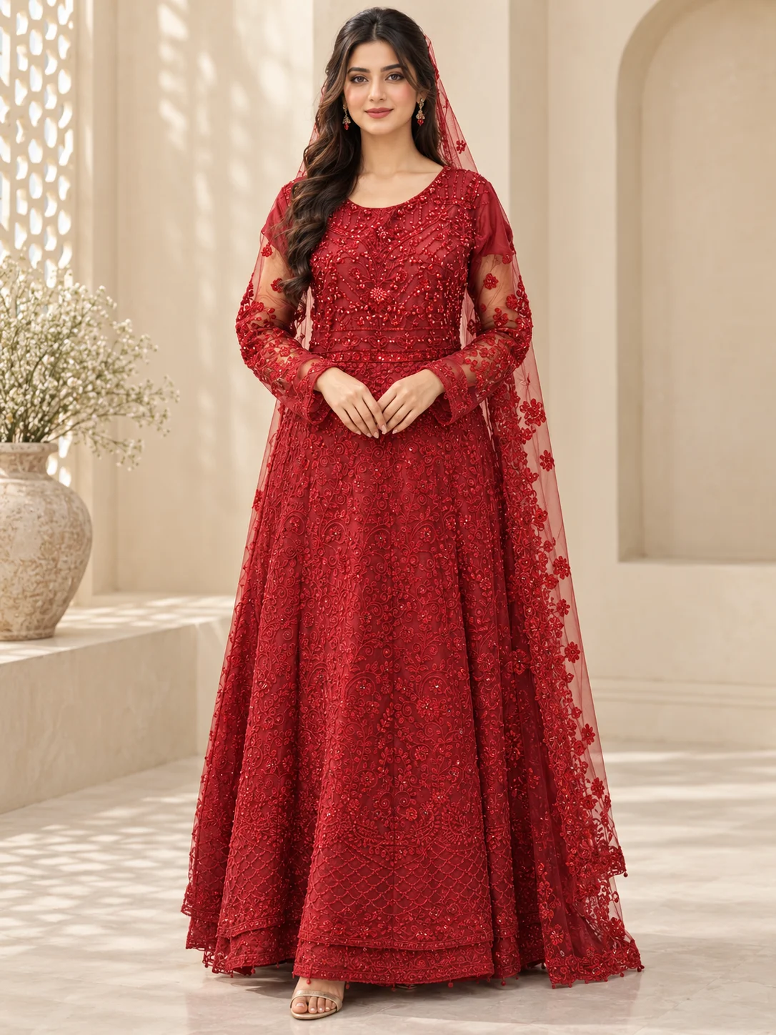 red-maxi-dress-front-view Red maxi dress front view with heavy embroidery and matching dupatta