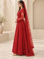 Red maxi dress side view with embroidered sleeves and matching dupatta