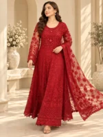 Red party wear maxi dress with flowing embroidered skirt and matching dupatta