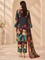 Silk 3 piece suit floral printed side view with matching trousers and dupatta