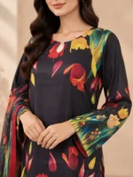 Silk 3 Piece Suit – Printed Stitched Suit with Dupatta - Image 5
