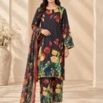 Silk 3 piece suit with multicolor floral print and matching dupatta front view