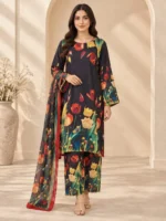 Silk 3 piece suit with multicolor floral print and matching dupatta front view