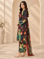 Printed silk 3 piece suit for women with floral shirt trousers and dupatta