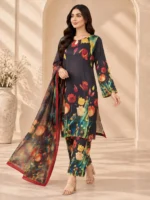 Silk 3 piece suit back view showing floral print and coordinated dupatta